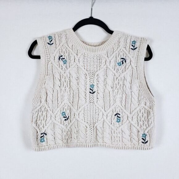 Zara Embroidered Sweater Vest Womens S Cream Cable Knit Cropped Cottagecore - Picture 1 of 11